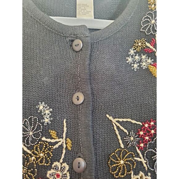 Dress Barn Black Beaded Floral Bouquets Boxy Holiday Cardigan Sweater Size Large - Picture 8 of 13